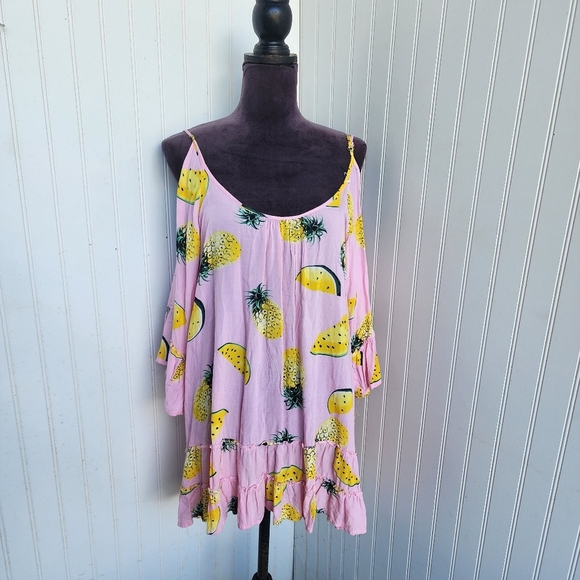 Solitaire Swim Cover Up Dress Pink Yelloe Pinapple Mellon Print Lighweight Sz M - Picture 1 of 11
